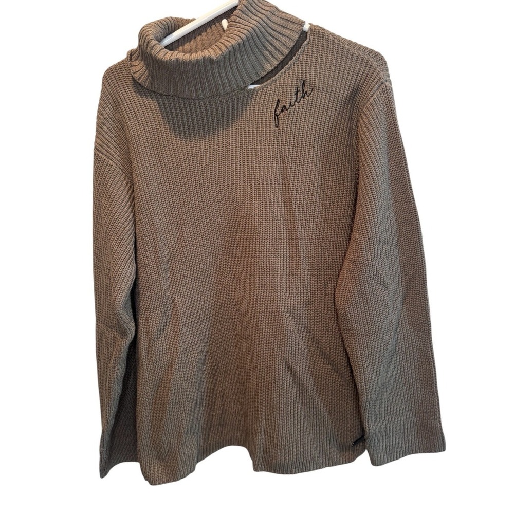 Peace Love World Women Brown Sweater Faith Cutout Turtleneck Knit L NEW